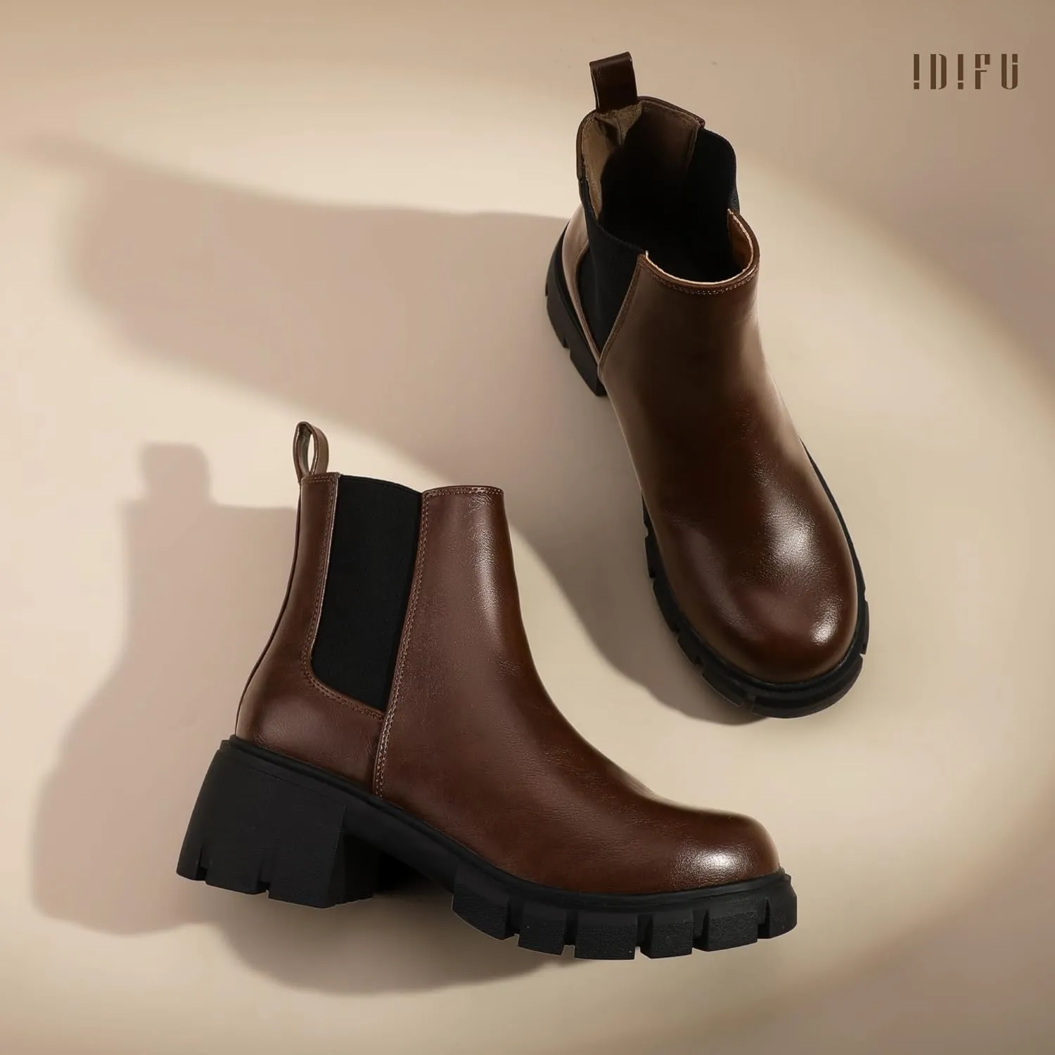 IDIFU IN2 Chelsea Ankle Boots for Women Low Block Chunky Women's Boots Round Toe Short Heeled Ankle Booties Fashion Cute Comfort Trendy Dress Booties Fall Lady Slip On Lug Sole Boots