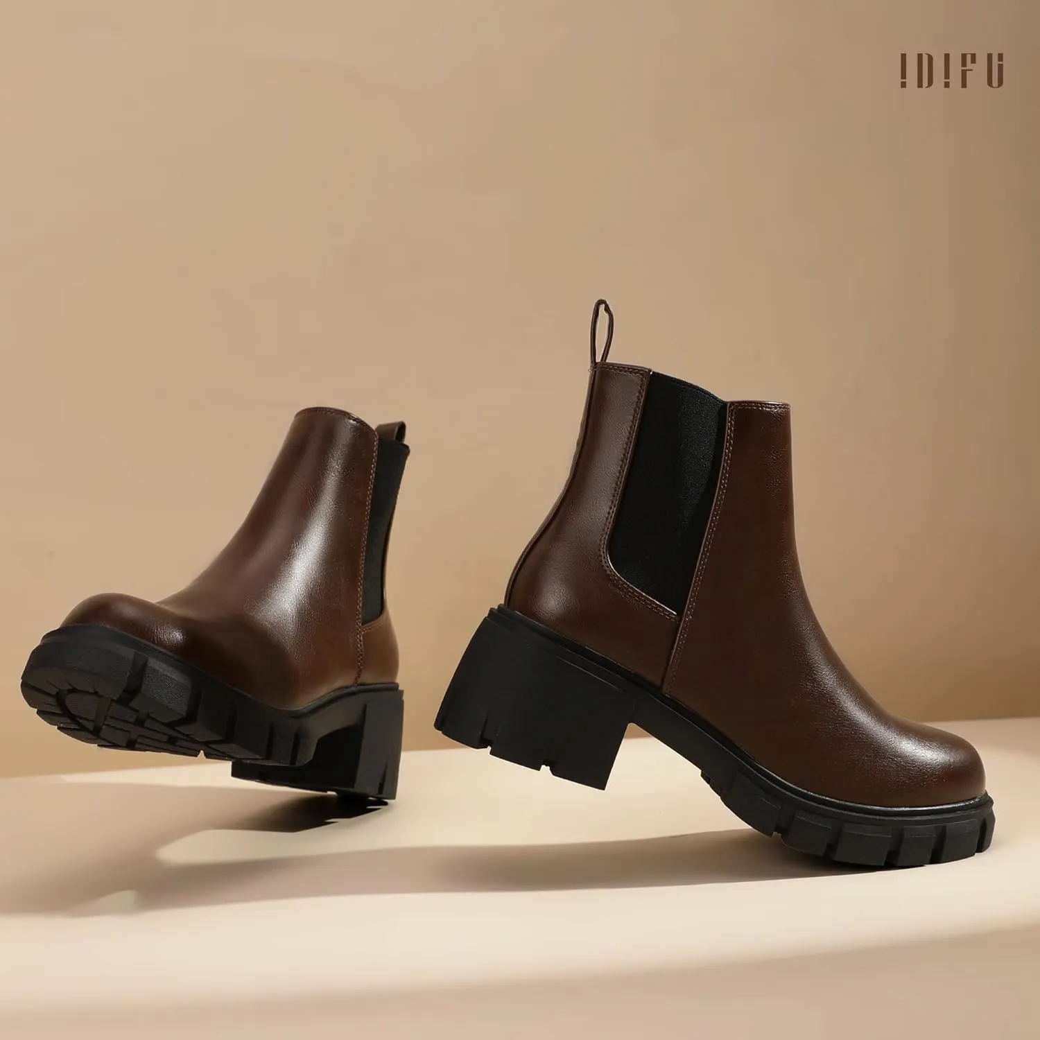 IDIFU IN2 Chelsea Ankle Boots for Women Low Block Chunky Women's Boots Round Toe Short Heeled Ankle Booties Fashion Cute Comfort Trendy Dress Booties Fall Lady Slip On Lug Sole Boots