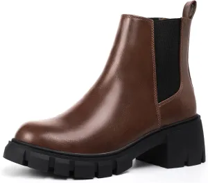 IDIFU IN2 Chelsea Ankle Boots for Women Low Block Chunky Women's Boots Round Toe Short Heeled Ankle Booties Fashion Cute Comfort Trendy Dress Booties Fall Lady Slip On Lug Sole Boots