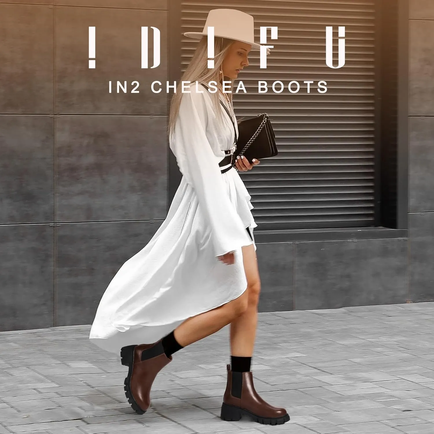 IDIFU IN2 Chelsea Ankle Boots for Women Low Block Chunky Women's Boots Round Toe Short Heeled Ankle Booties Fashion Cute Comfort Trendy Dress Booties Fall Lady Slip On Lug Sole Boots