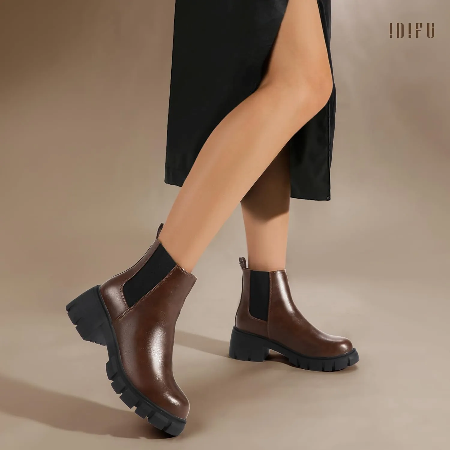 IDIFU IN2 Chelsea Ankle Boots for Women Low Block Chunky Women's Boots Round Toe Short Heeled Ankle Booties Fashion Cute Comfort Trendy Dress Booties Fall Lady Slip On Lug Sole Boots