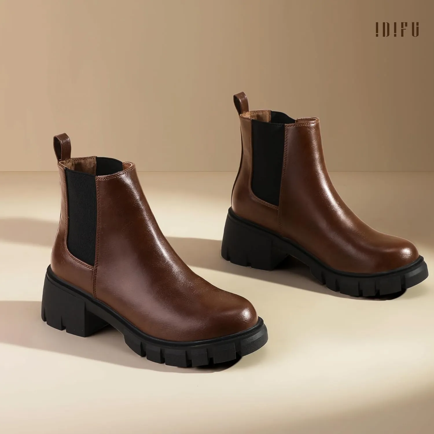 IDIFU IN2 Chelsea Ankle Boots for Women Low Block Chunky Women's Boots Round Toe Short Heeled Ankle Booties Fashion Cute Comfort Trendy Dress Booties Fall Lady Slip On Lug Sole Boots