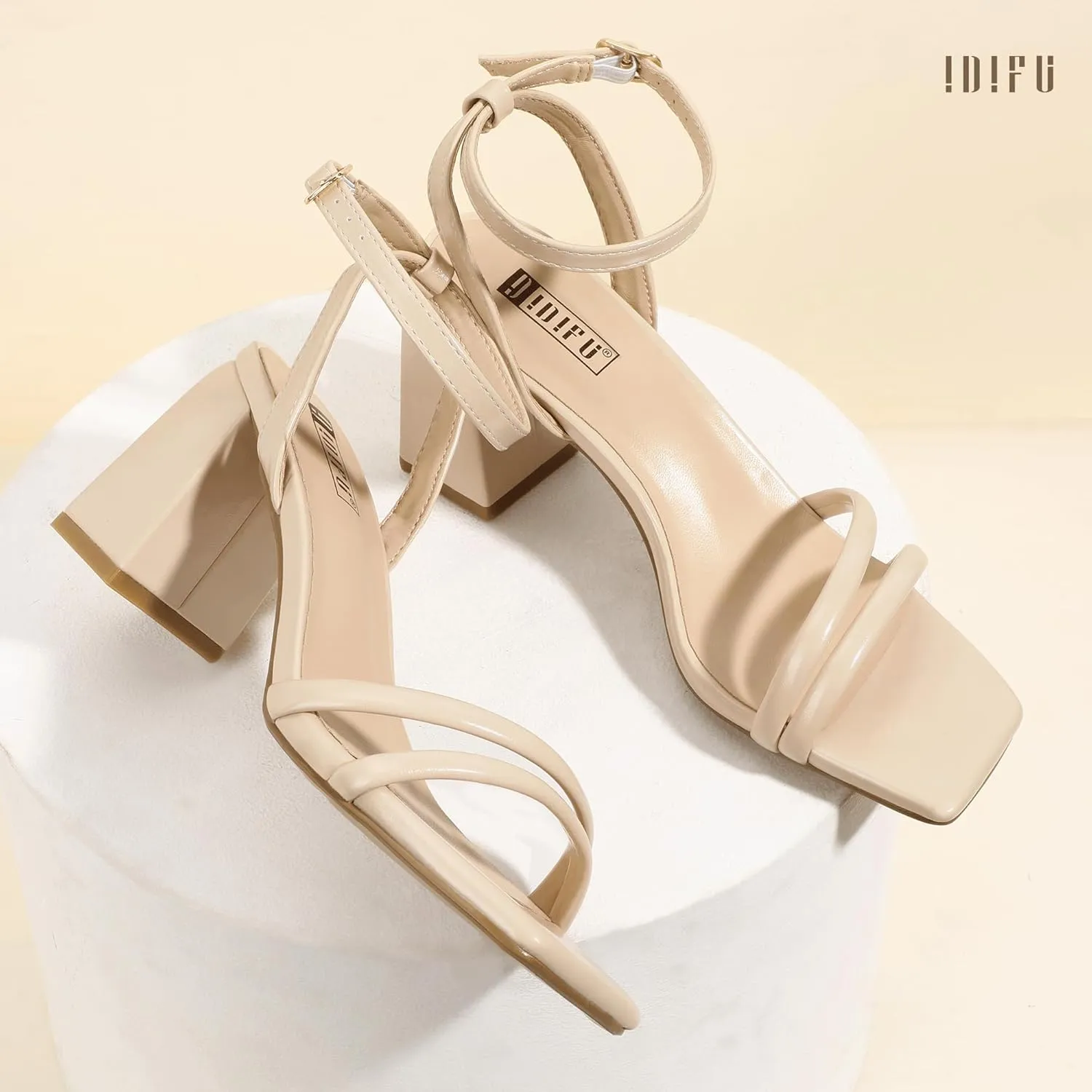 IDIFU IN3 Women's Strappy Heels Chunky Block Square Open Toe Adjustable Ankle Strap Heeled Sandals Slingback Thick Low Wedding Prom Bridal Dress Shoes for Women Short Small Heels