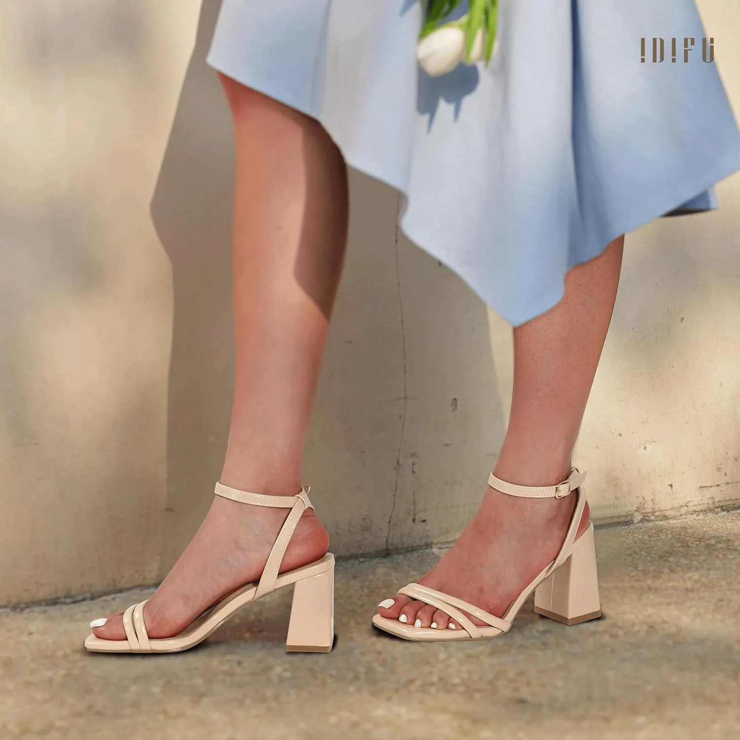 IDIFU IN3 Women's Strappy Heels Chunky Block Square Open Toe Adjustable Ankle Strap Heeled Sandals Slingback Thick Low Wedding Prom Bridal Dress Shoes for Women Short Small Heels