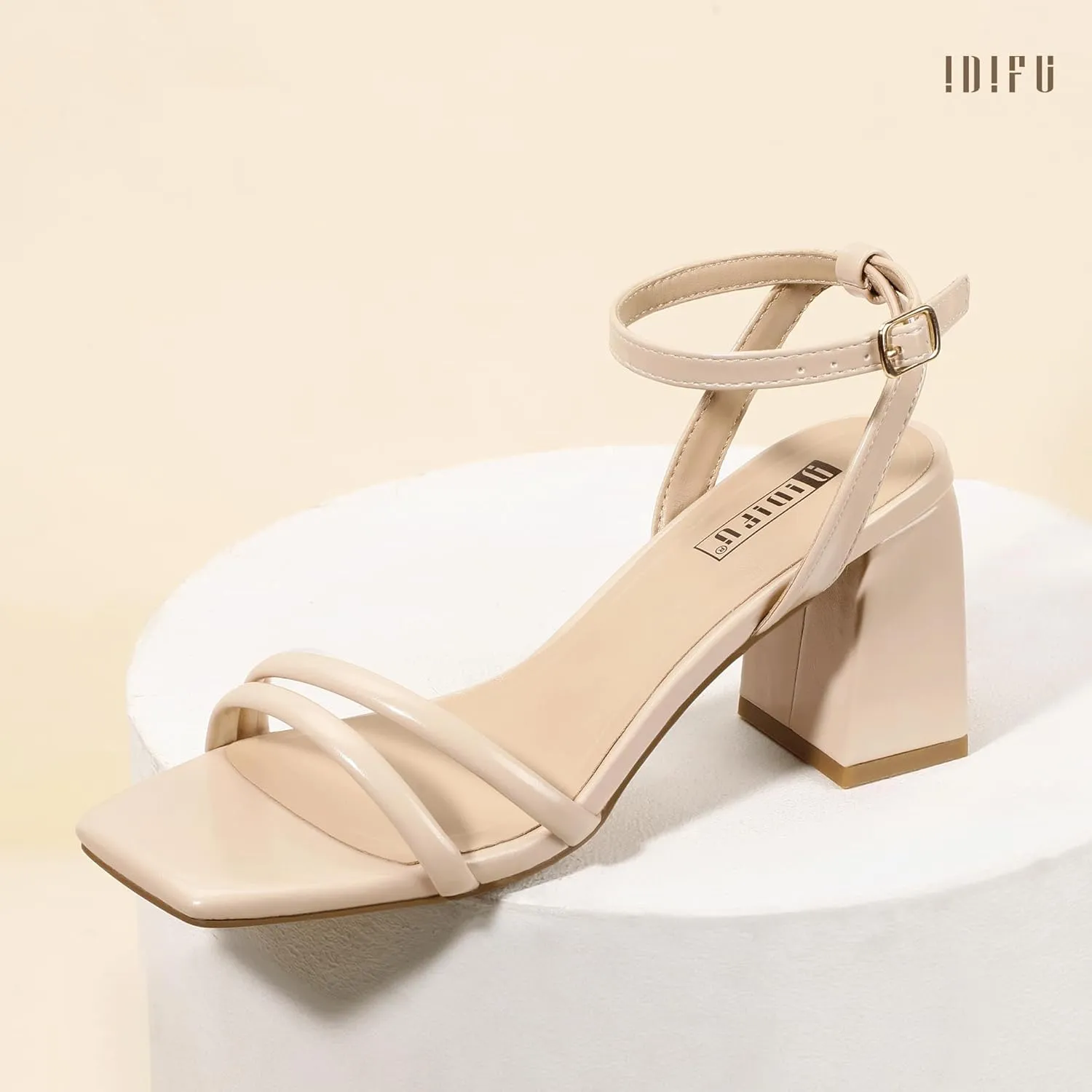 IDIFU IN3 Women's Strappy Heels Chunky Block Square Open Toe Adjustable Ankle Strap Heeled Sandals Slingback Thick Low Wedding Prom Bridal Dress Shoes for Women Short Small Heels