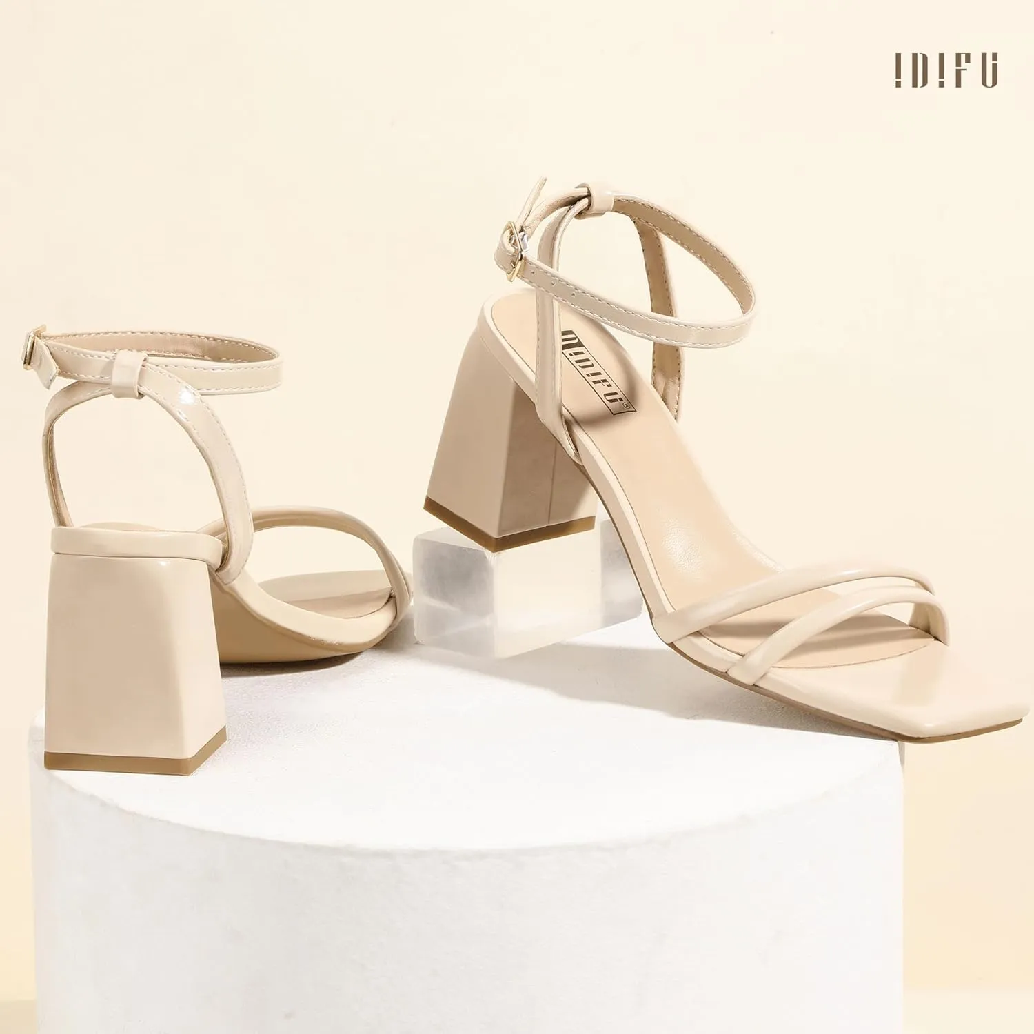 IDIFU IN3 Women's Strappy Heels Chunky Block Square Open Toe Adjustable Ankle Strap Heeled Sandals Slingback Thick Low Wedding Prom Bridal Dress Shoes for Women Short Small Heels