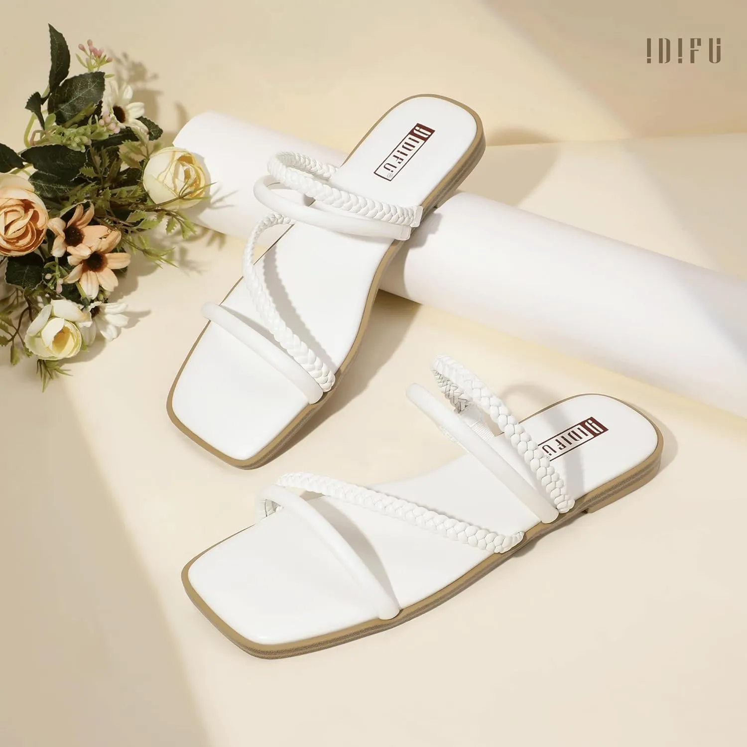 IDIFU Womens Braided Strappy Flat Sandals Square Open Toe Slide Sandals Slip On Slingback Dress Sandals Summer Beach Casual Ladies Comfortable Dressy Cute Trendy Sandals