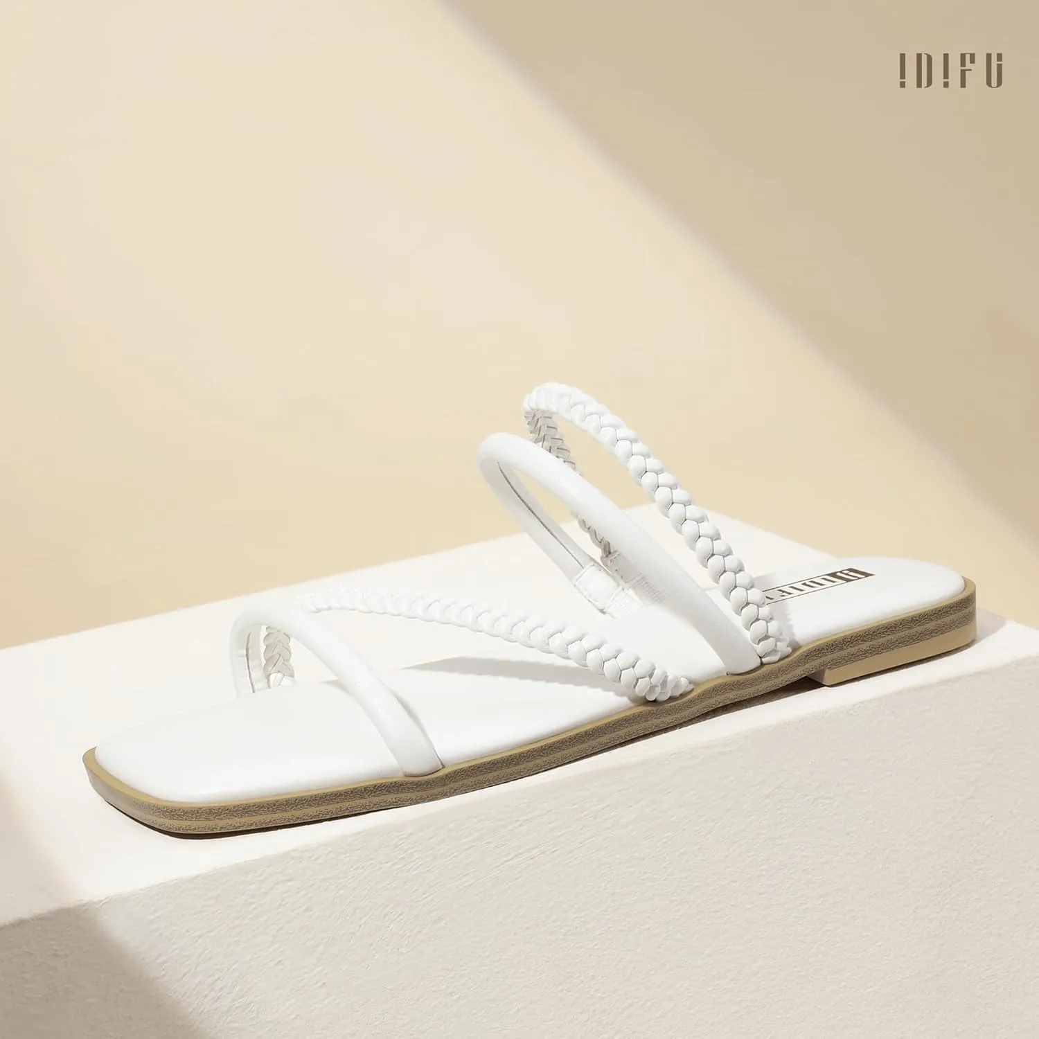 IDIFU Womens Braided Strappy Flat Sandals Square Open Toe Slide Sandals Slip On Slingback Dress Sandals Summer Beach Casual Ladies Comfortable Dressy Cute Trendy Sandals