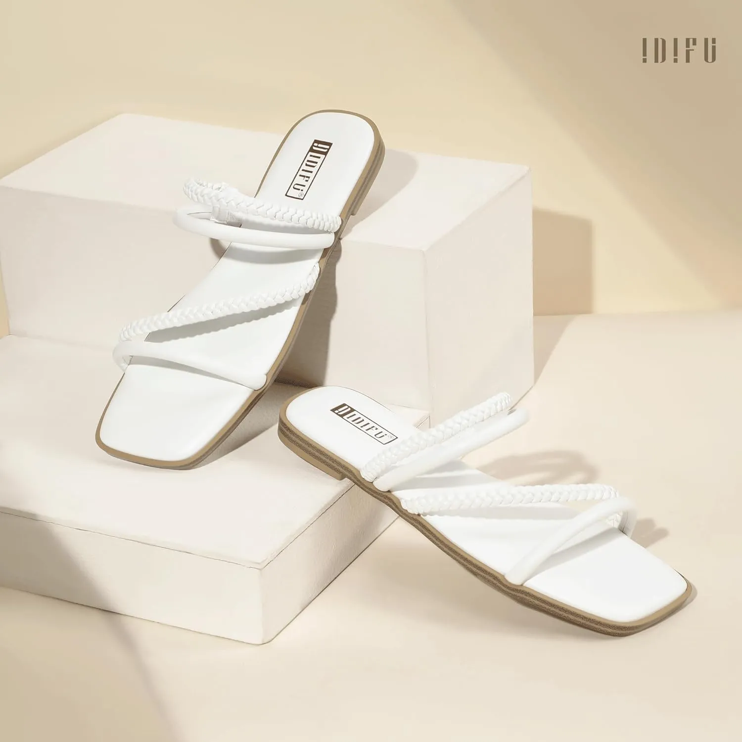 IDIFU Womens Braided Strappy Flat Sandals Square Open Toe Slide Sandals Slip On Slingback Dress Sandals Summer Beach Casual Ladies Comfortable Dressy Cute Trendy Sandals