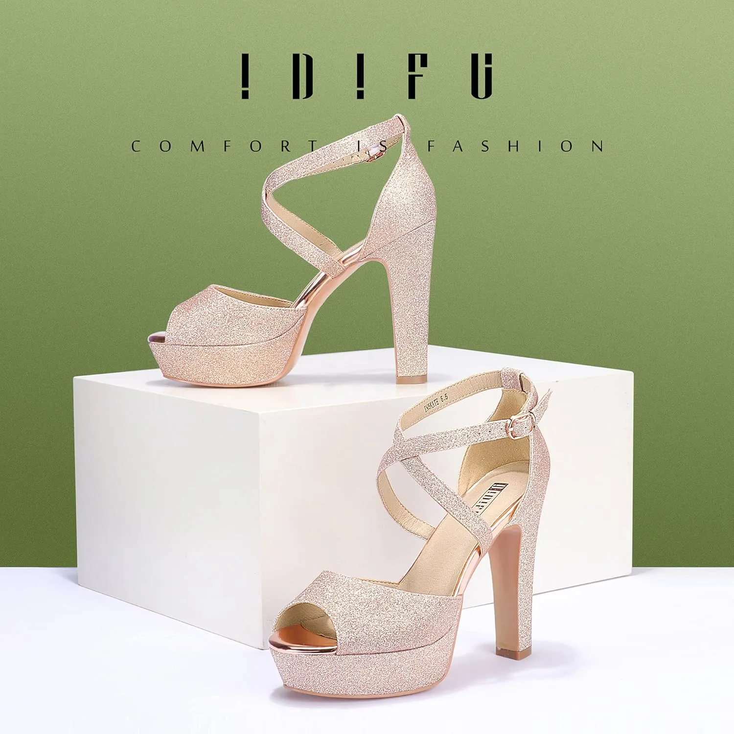 IDIFU Women's Platform Chunky High Heels Dress Sandals Peep Toe Ankle Strap Wedding Party Evening Shoes for Women Bride