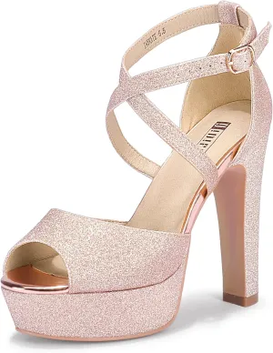 IDIFU Women's Platform Chunky High Heels Dress Sandals Peep Toe Ankle Strap Wedding Party Evening Shoes for Women Bride