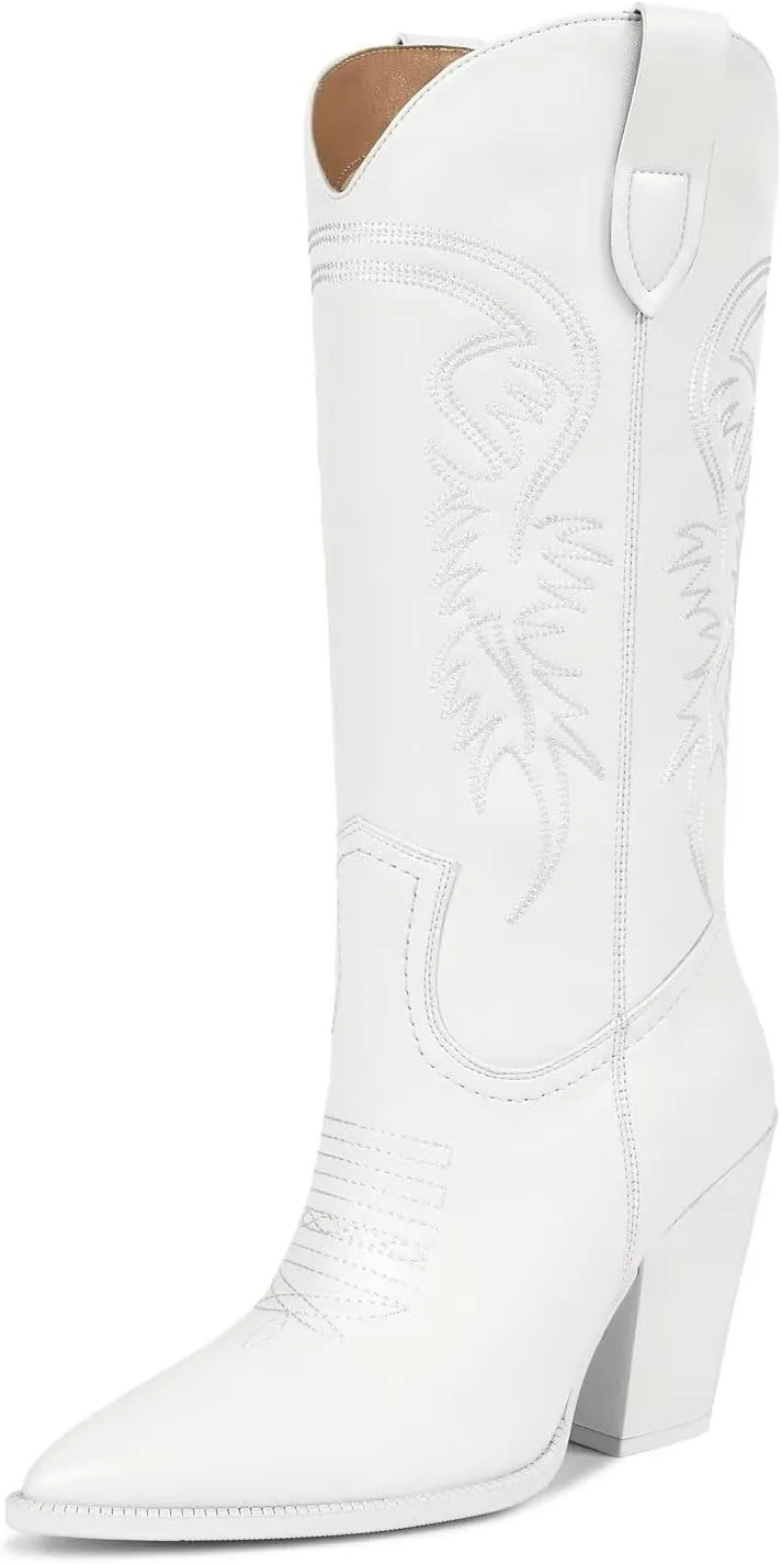 ISNOM Cowboy Boots Cowgir Boots for Women, Pointed Toe Chunky Heel Western Boots