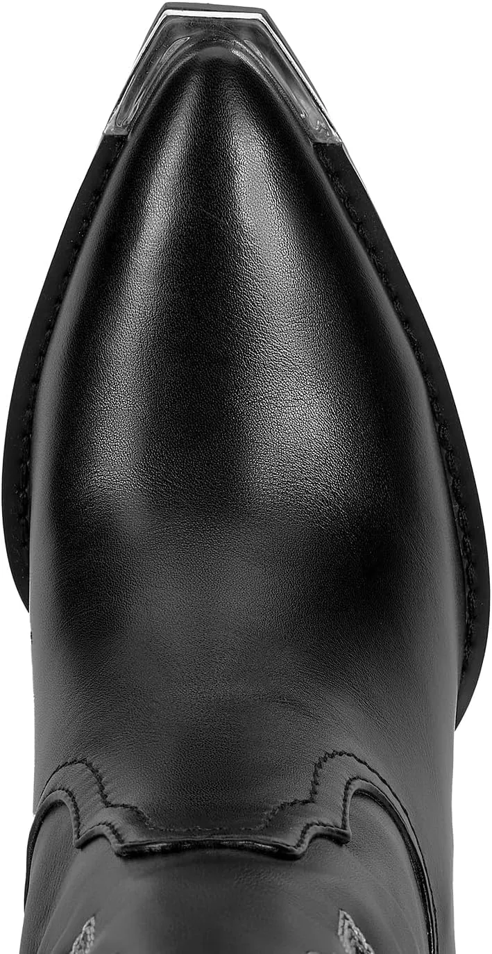 ISNOM Cowboy Boots for Women with Pointed Metal Toe, Cowgirl Boots Women Knee High with Block Chunky Heel Long Western Boots for Women