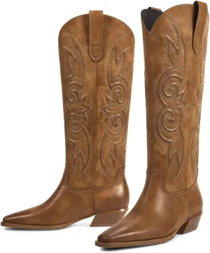 ISNOM Cowboy Cowgirl Boots for Women, Western Boots Square Toe Knee High Boots with Low Heel