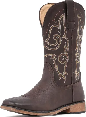 IUV Cowboy Boots For Women Square Toe Western Boots Mid Calf Cowgirl Boots Pull On Fashion Embroidered Cowboy Boots