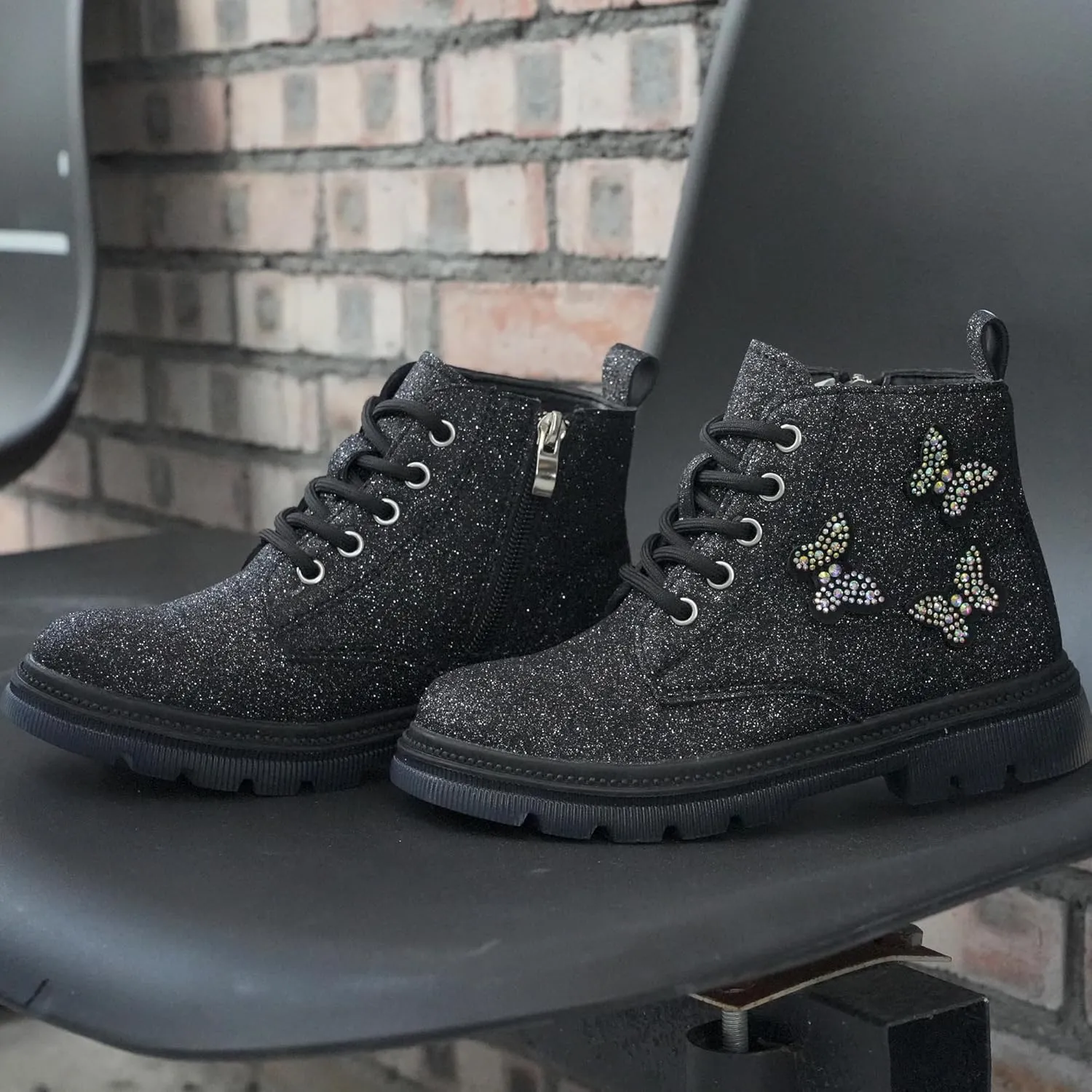 JABASIC Girls Glittery Ankle Boots Kids Lace Up Combat Boots with Side Zipper