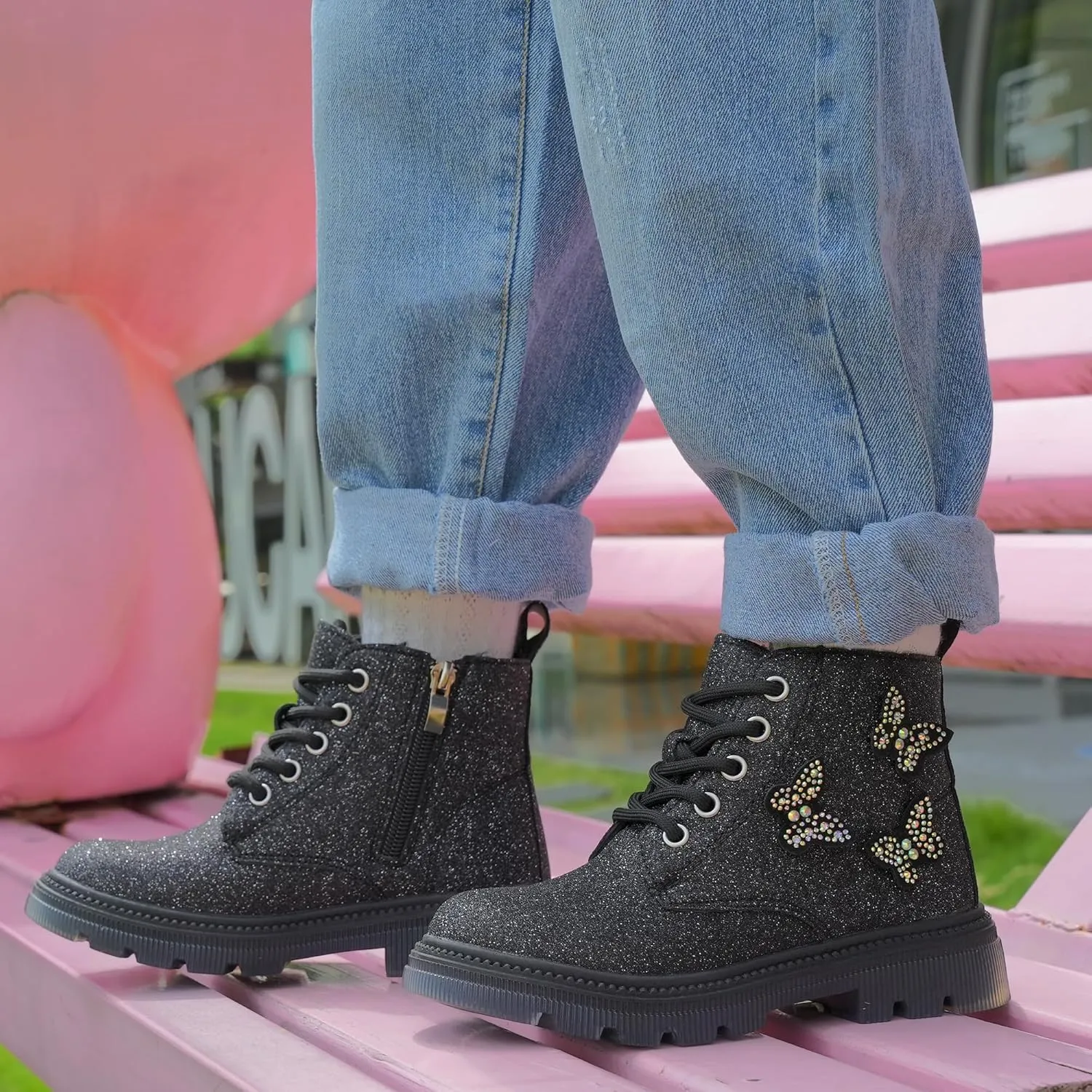 JABASIC Girls Glittery Ankle Boots Kids Lace Up Combat Boots with Side Zipper