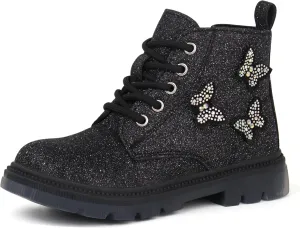 JABASIC Girls Glittery Ankle Boots Kids Lace Up Combat Boots with Side Zipper