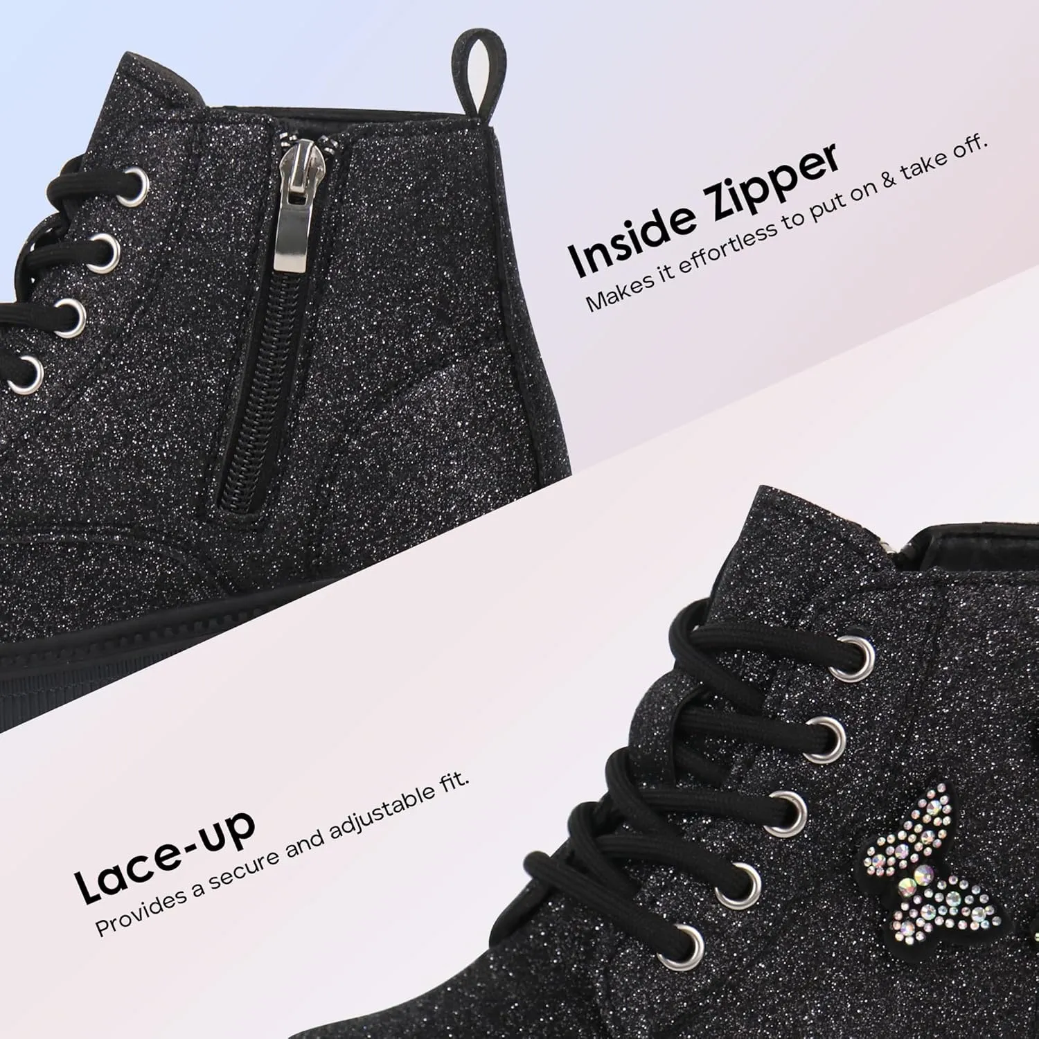 JABASIC Girls Glittery Ankle Boots Kids Lace Up Combat Boots with Side Zipper