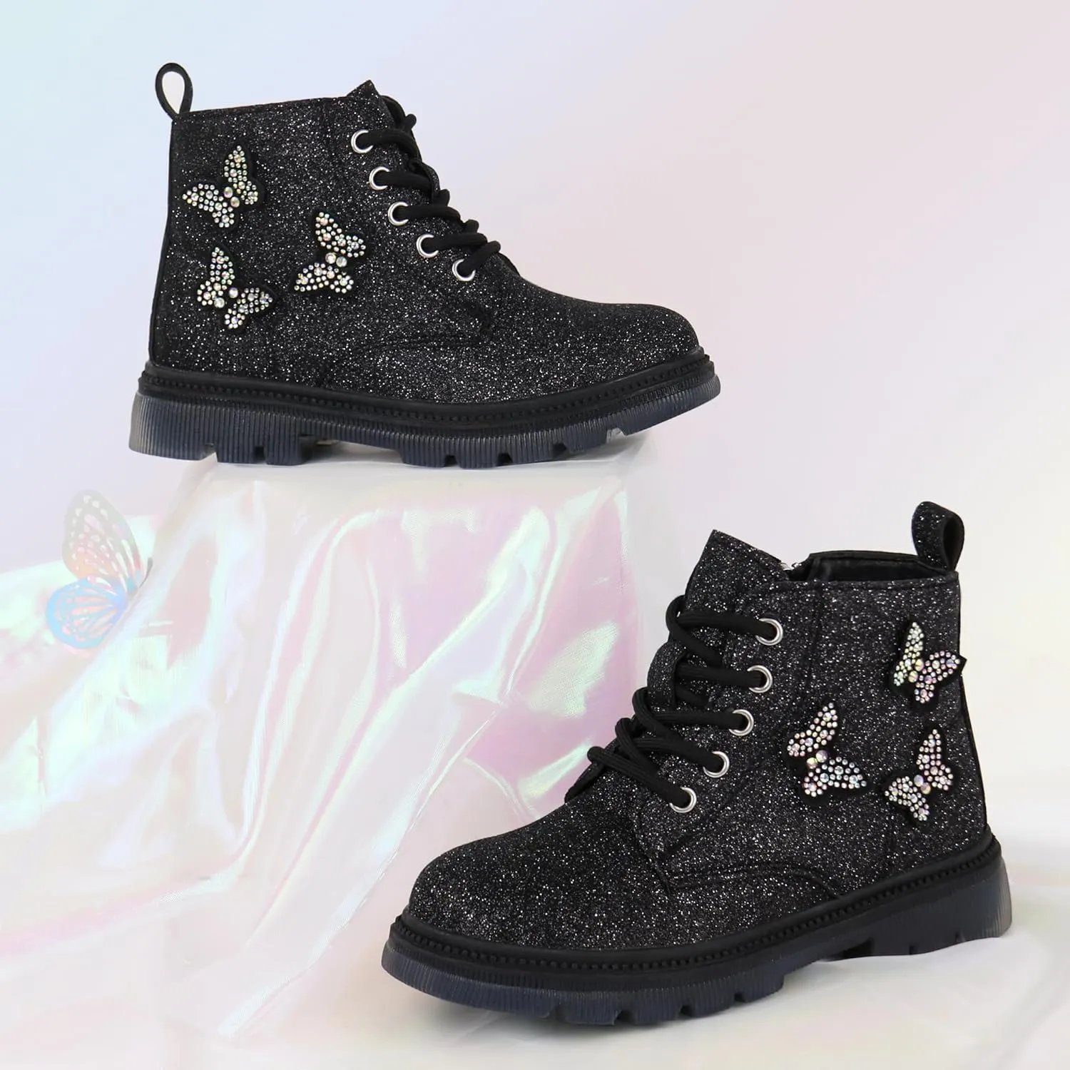 JABASIC Girls Glittery Ankle Boots Kids Lace Up Combat Boots with Side Zipper