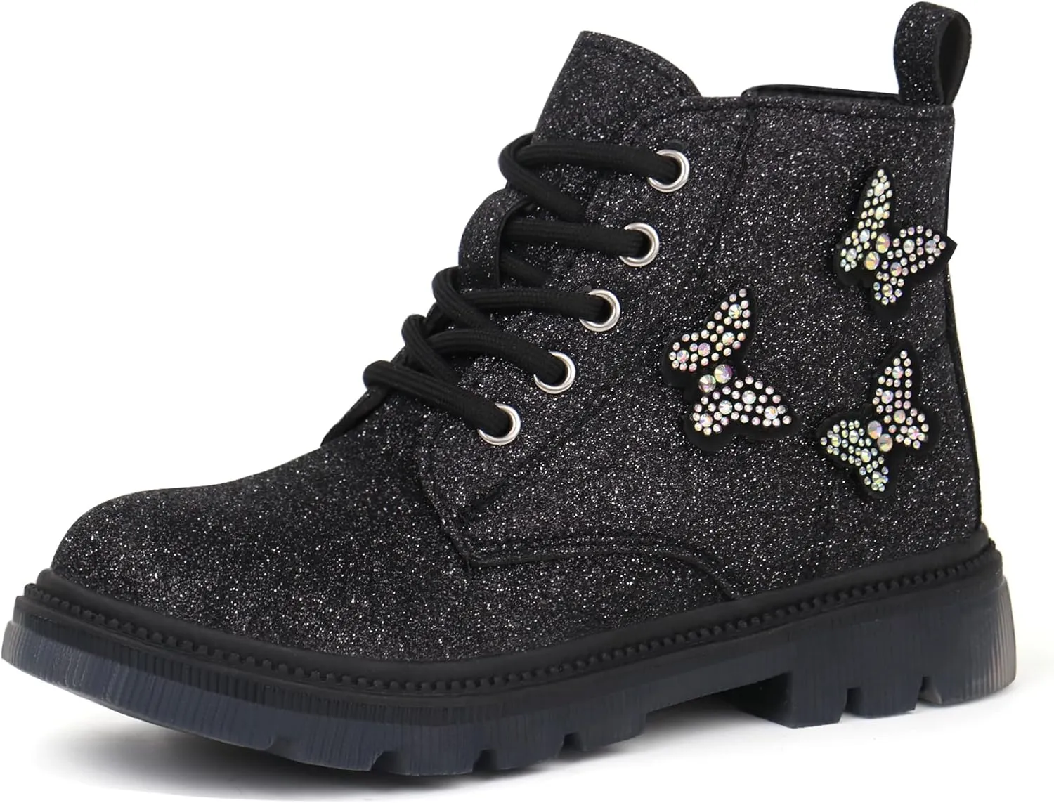 JABASIC Girls Glittery Ankle Boots Kids Lace Up Combat Boots with Side Zipper