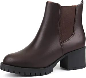 JABASIC Women Chelsea Ankle Boots Low Chunky Heel Platform Elastic Slip-on Booties