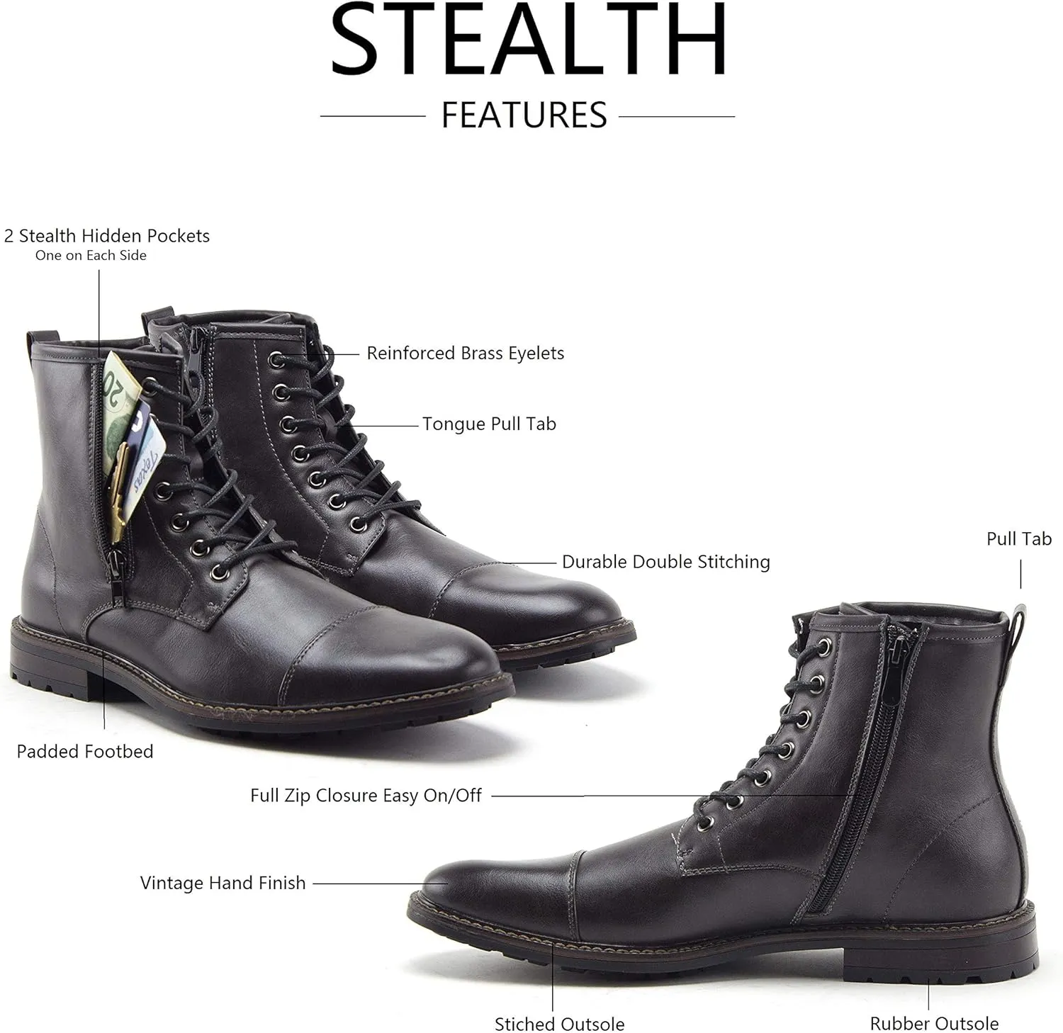 Jazamé Men's Stealth Distressed Secret Pocket Storage Military Combat Dress Boots