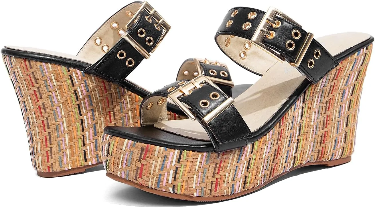 Jeesay Women's Slides Wedge Sandals with Buckle Strap Slip On Peep Toe Platform Sandals High Heels Shoes