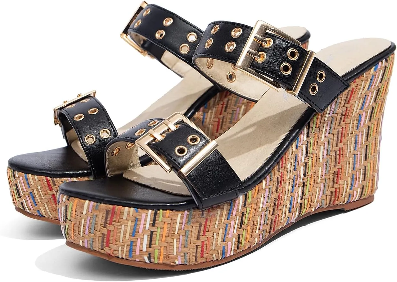 Jeesay Women's Slides Wedge Sandals with Buckle Strap Slip On Peep Toe Platform Sandals High Heels Shoes