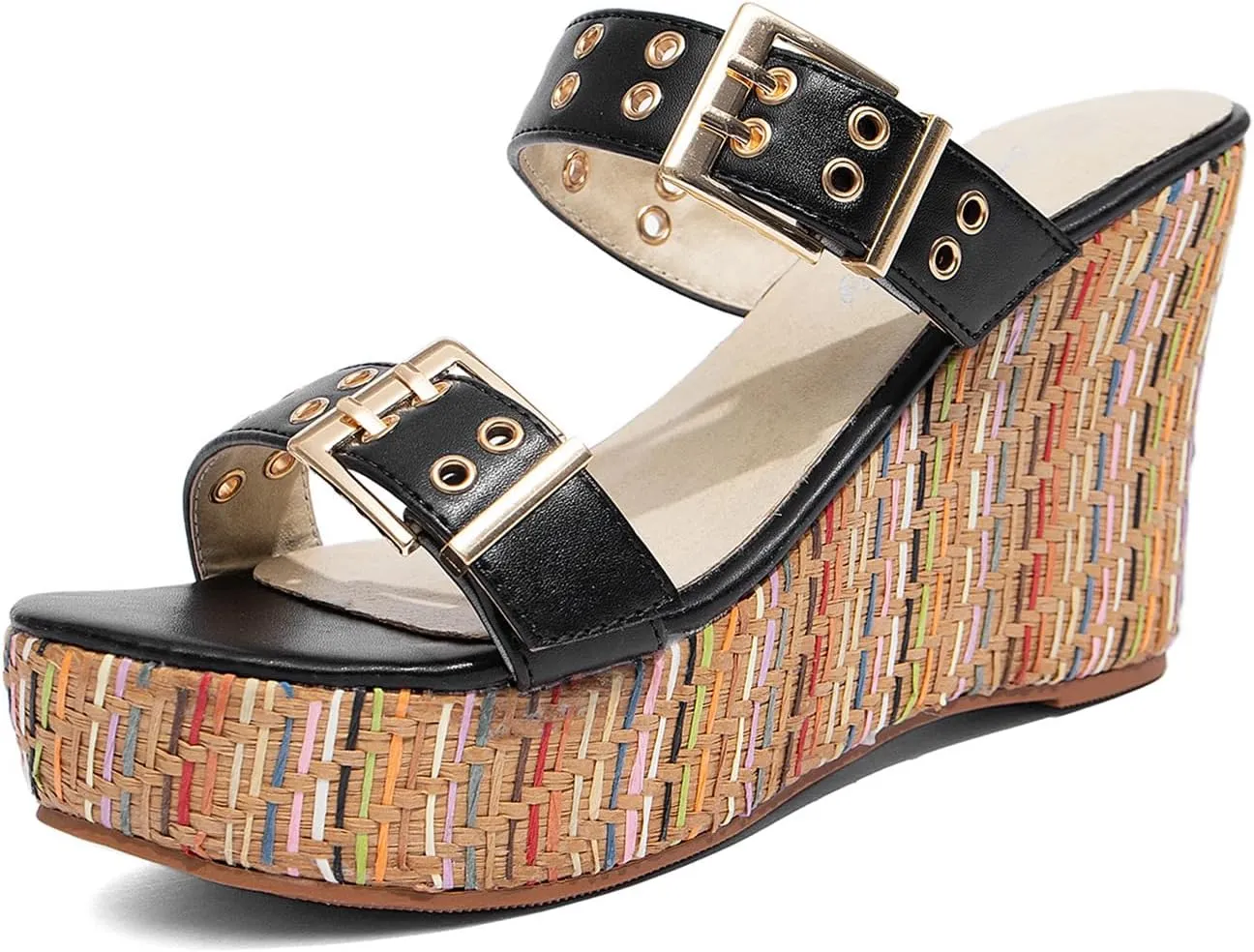 Jeesay Women's Slides Wedge Sandals with Buckle Strap Slip On Peep Toe Platform Sandals High Heels Shoes