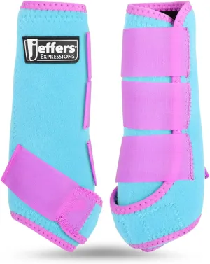 Jeffers Expression Neon Horse Boots 1 Pair - Turquoise & Purple, Breathable Neoprene, Secure Velcro Straps, Durable Premium Protection for Jump & Trail Riding - Front & Hind, Medium Size