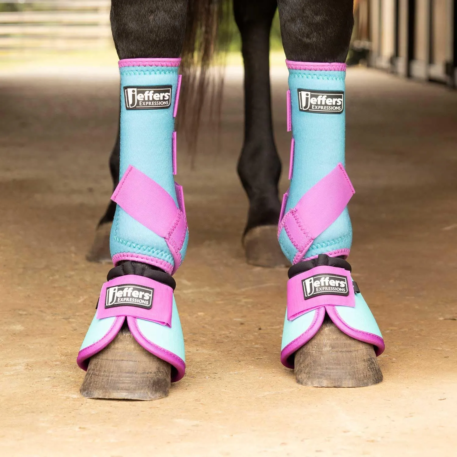 Jeffers Expression Neon Horse Boots 1 Pair - Turquoise & Purple, Breathable Neoprene, Secure Velcro Straps, Durable Premium Protection for Jump & Trail Riding - Front & Hind, Medium Size