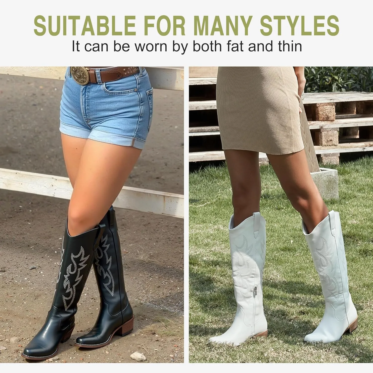Jeossy Women's Cowboy Boots Embroided Western Cowgirl Boots Square Toe Knee High Pull on Wide Calf Shoes with Inside Zipper