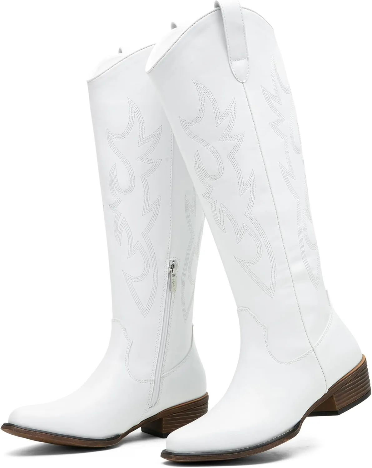 Jeossy Women's Cowboy Boots Embroided Western Cowgirl Boots Square Toe Knee High Pull on Wide Calf Shoes with Inside Zipper