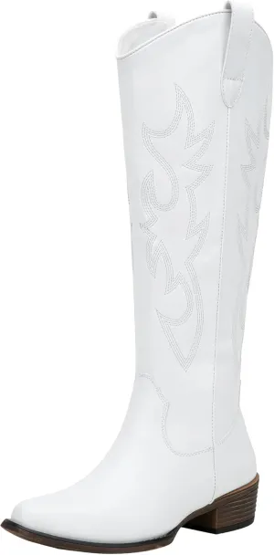 Jeossy Women's Cowboy Boots Embroided Western Cowgirl Boots Square Toe Knee High Pull on Wide Calf Shoes with Inside Zipper