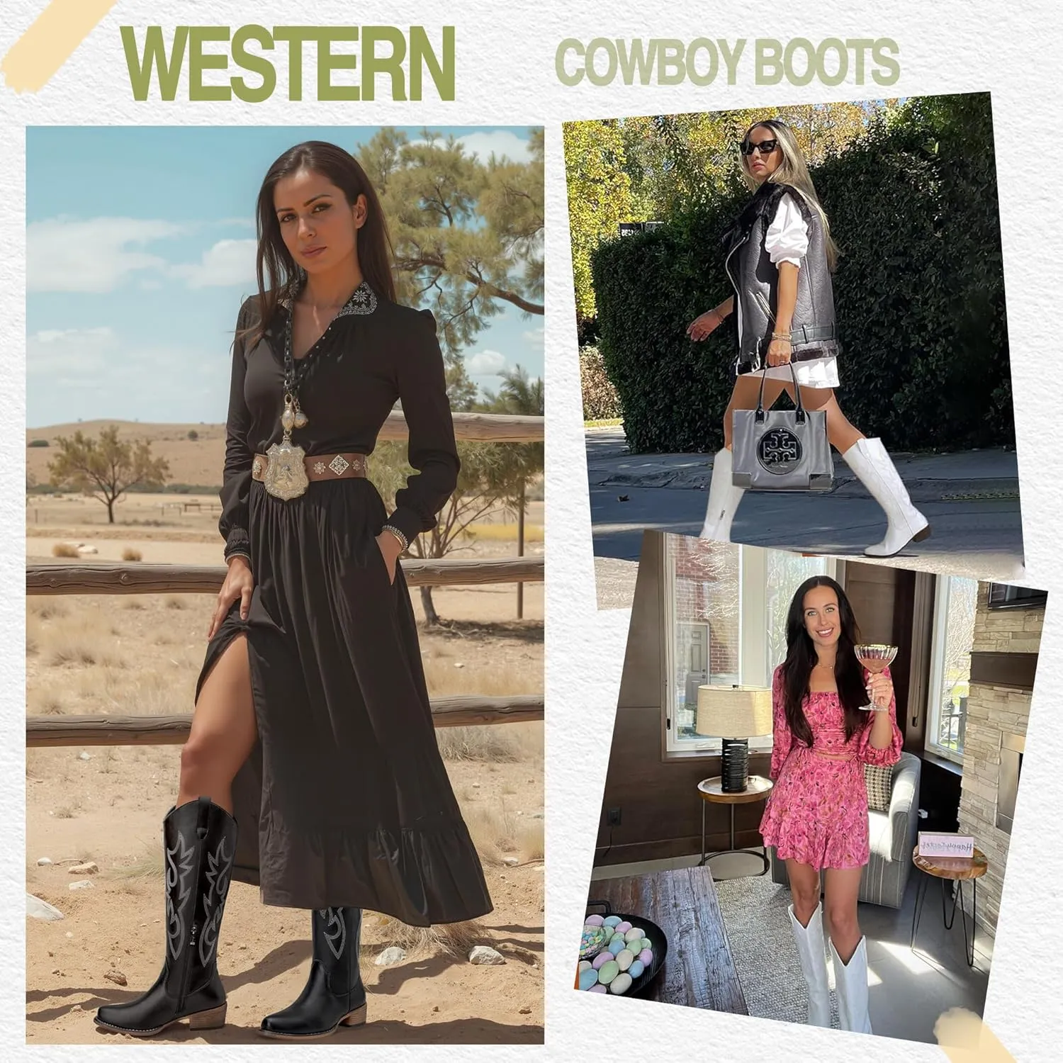 Jeossy Women's Cowboy Boots Embroided Western Cowgirl Boots Square Toe Knee High Pull on Wide Calf Shoes with Inside Zipper
