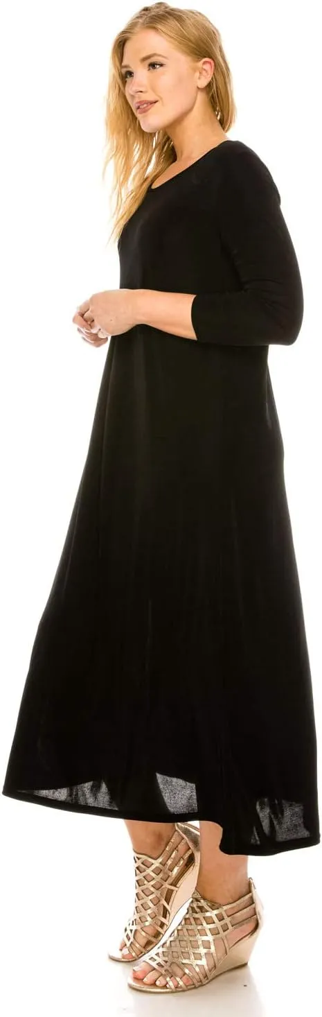 Jostar Women's Print Long Midi Dress – 3/4 Sleeve Stretch Casual Swing Flowy Solid T Shirt One Piece