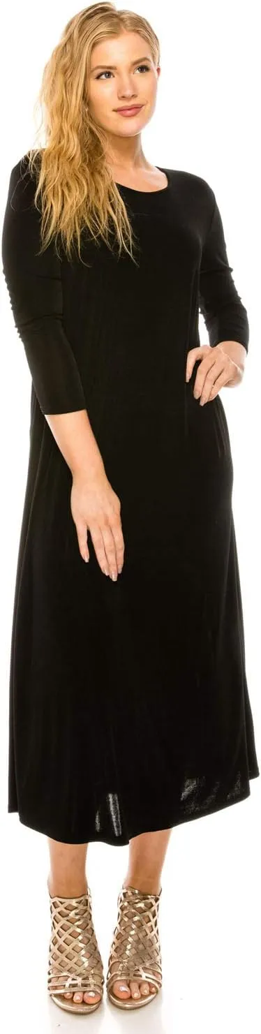 Jostar Women's Print Long Midi Dress – 3/4 Sleeve Stretch Casual Swing Flowy Solid T Shirt One Piece