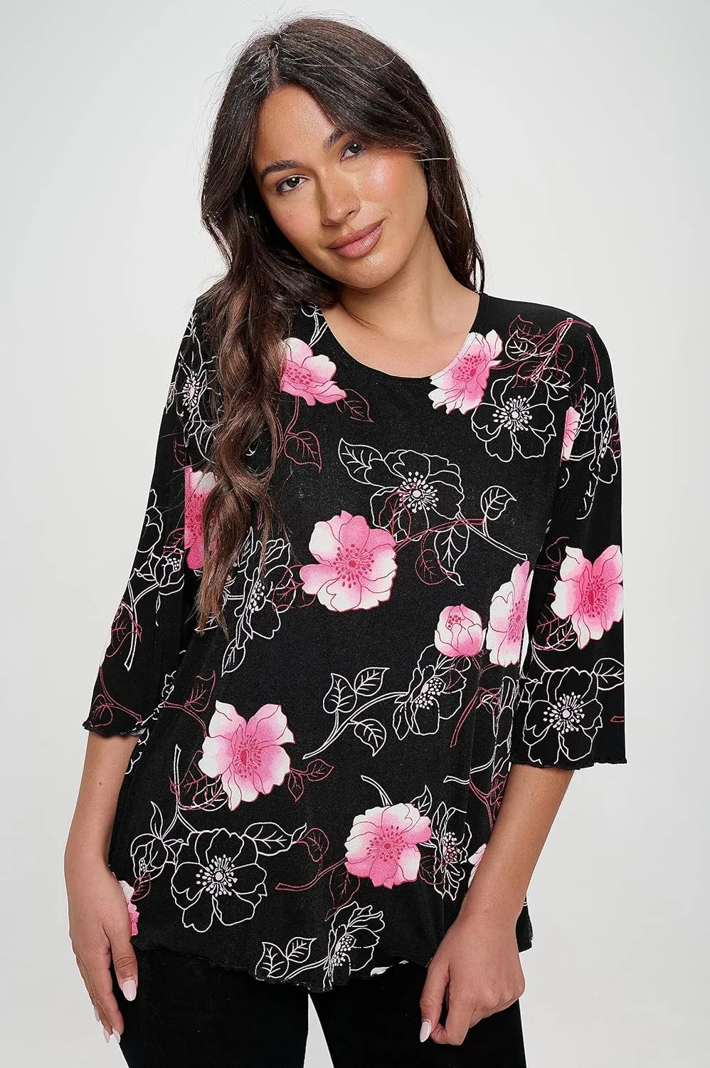 Jostar Women's Print T Shirt - 3/4 Sleeve Merrow Hem Round Neck Stretch Printed Casual Top Blouse