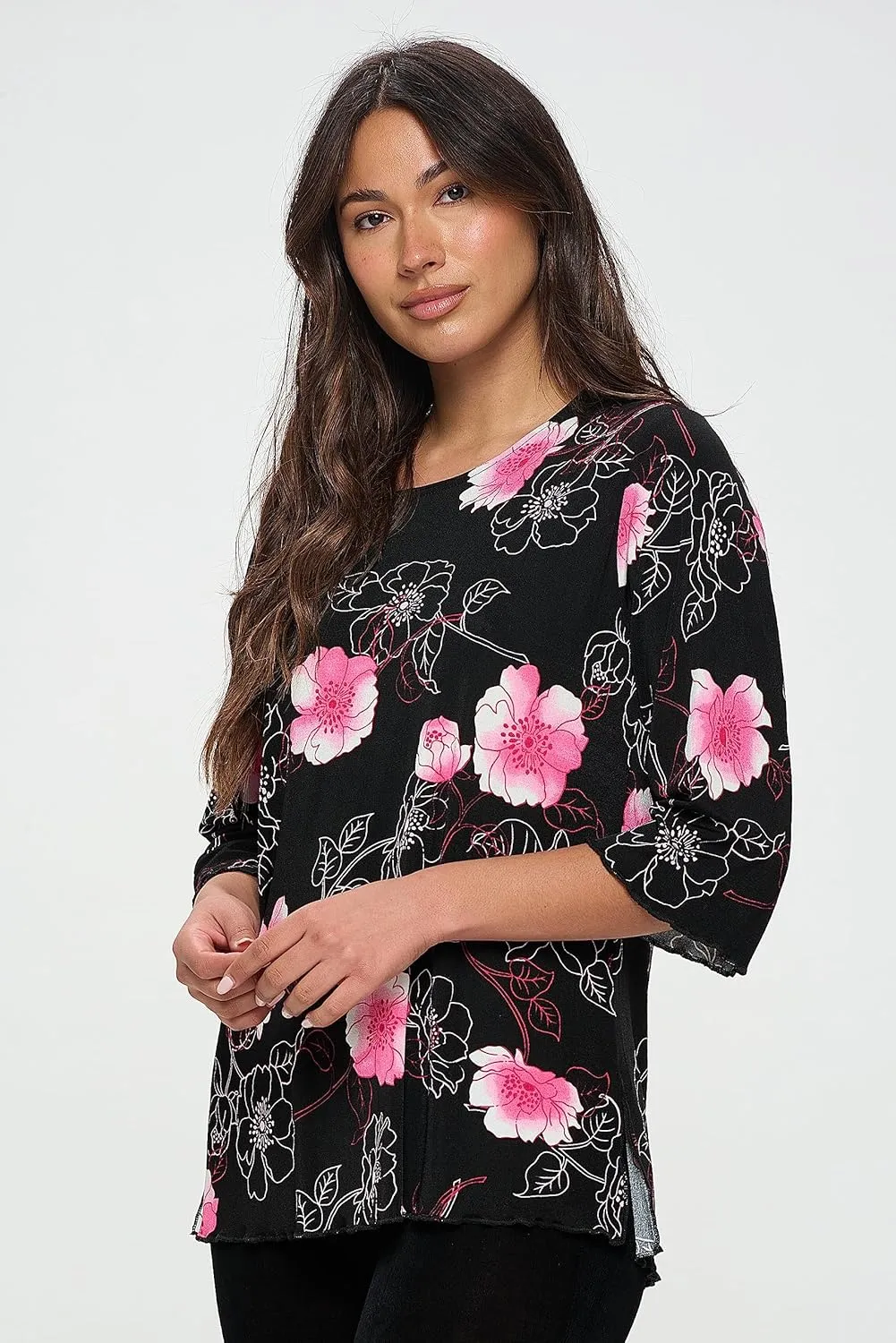 Jostar Women's Print T Shirt - 3/4 Sleeve Merrow Hem Round Neck Stretch Printed Casual Top Blouse