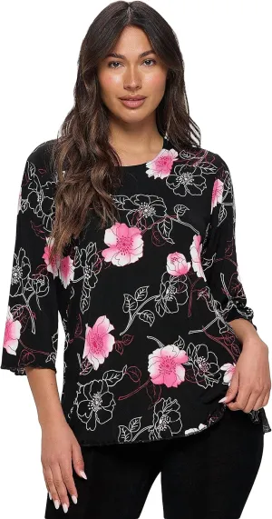 Jostar Women's Print T Shirt - 3/4 Sleeve Merrow Hem Round Neck Stretch Printed Casual Top Blouse
