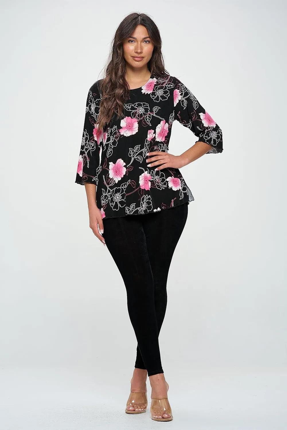 Jostar Women's Print T Shirt - 3/4 Sleeve Merrow Hem Round Neck Stretch Printed Casual Top Blouse