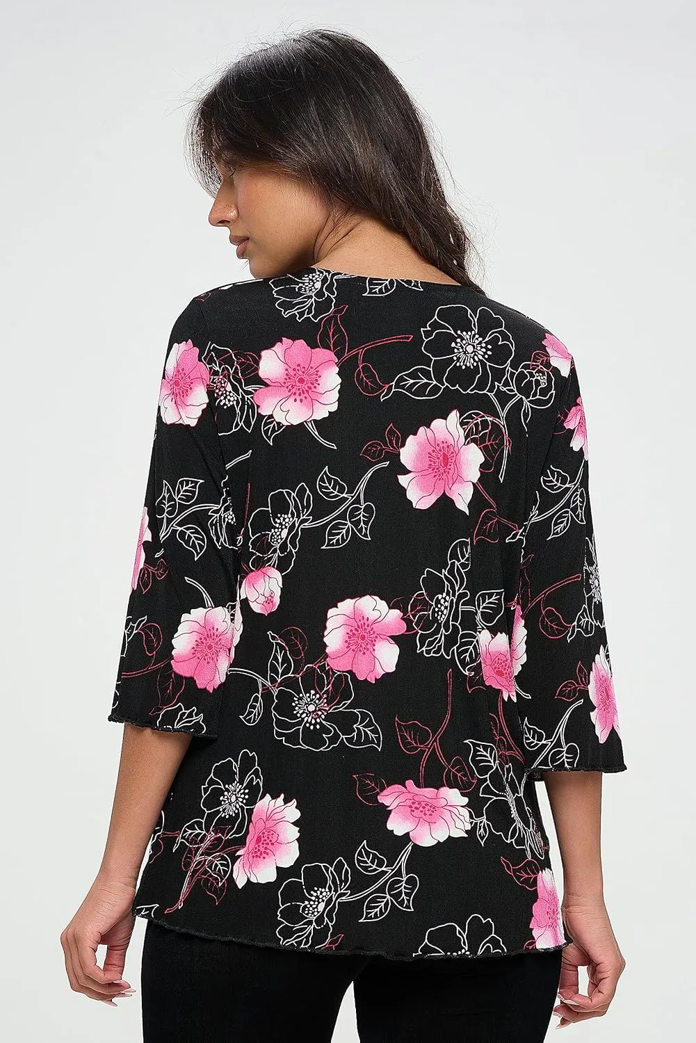 Jostar Women's Print T Shirt - 3/4 Sleeve Merrow Hem Round Neck Stretch Printed Casual Top Blouse