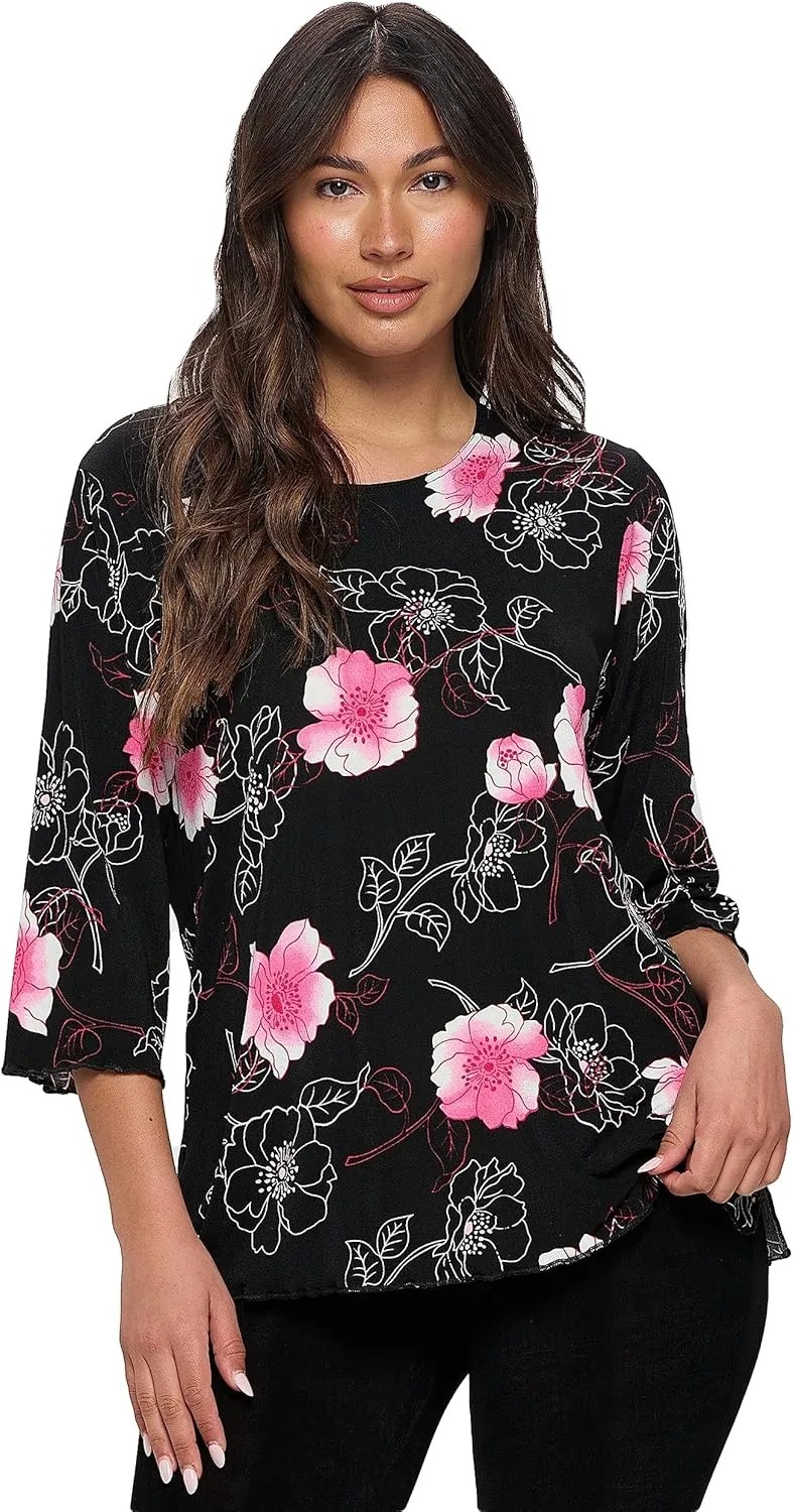 Jostar Women's Print T Shirt - 3/4 Sleeve Merrow Hem Round Neck Stretch Printed Casual Top Blouse