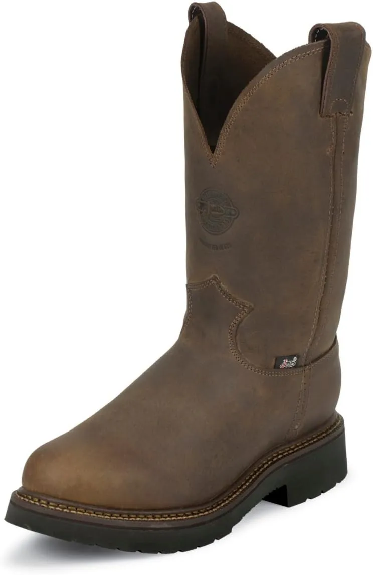 Justin Balusters 11" Steel Toe Work Boots for Men - Round Toe Full-Grain Leather Pull-On Steel Toe Boots with Slip-Resistant Outsole, EH Rated