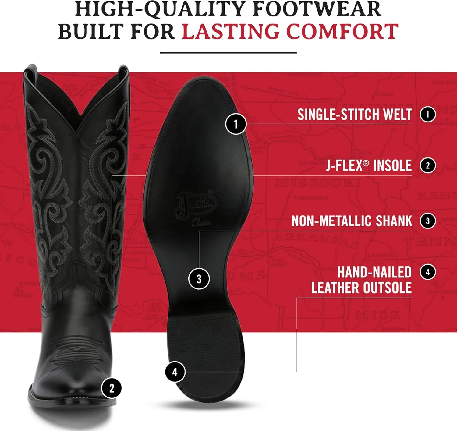 Justin Buck 13" Cowboy Boots for Men - Durable Premium Full-Grain Leather Round Toe Western Boots Build with Cushioned Insole & Full Welt Construction