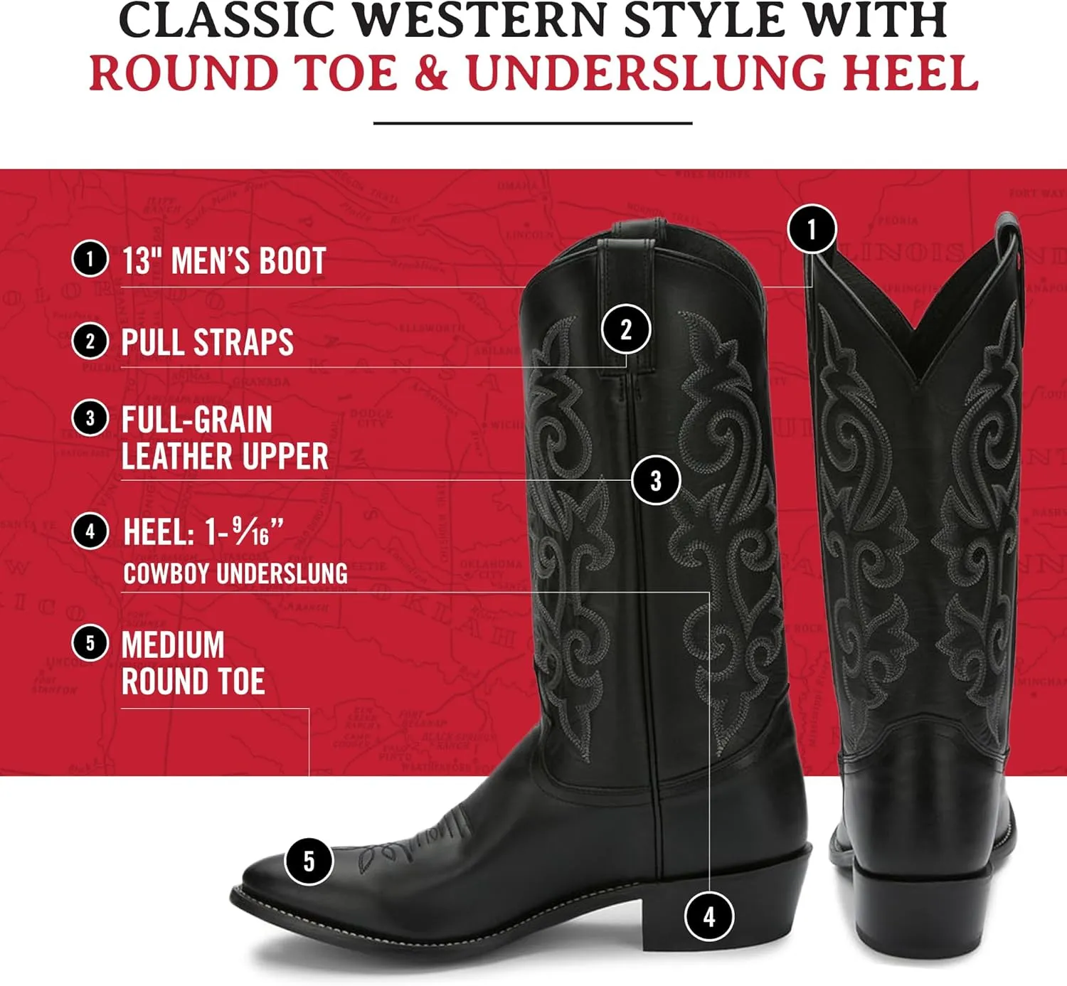 Justin Buck 13" Cowboy Boots for Men - Durable Premium Full-Grain Leather Round Toe Western Boots Build with Cushioned Insole & Full Welt Construction