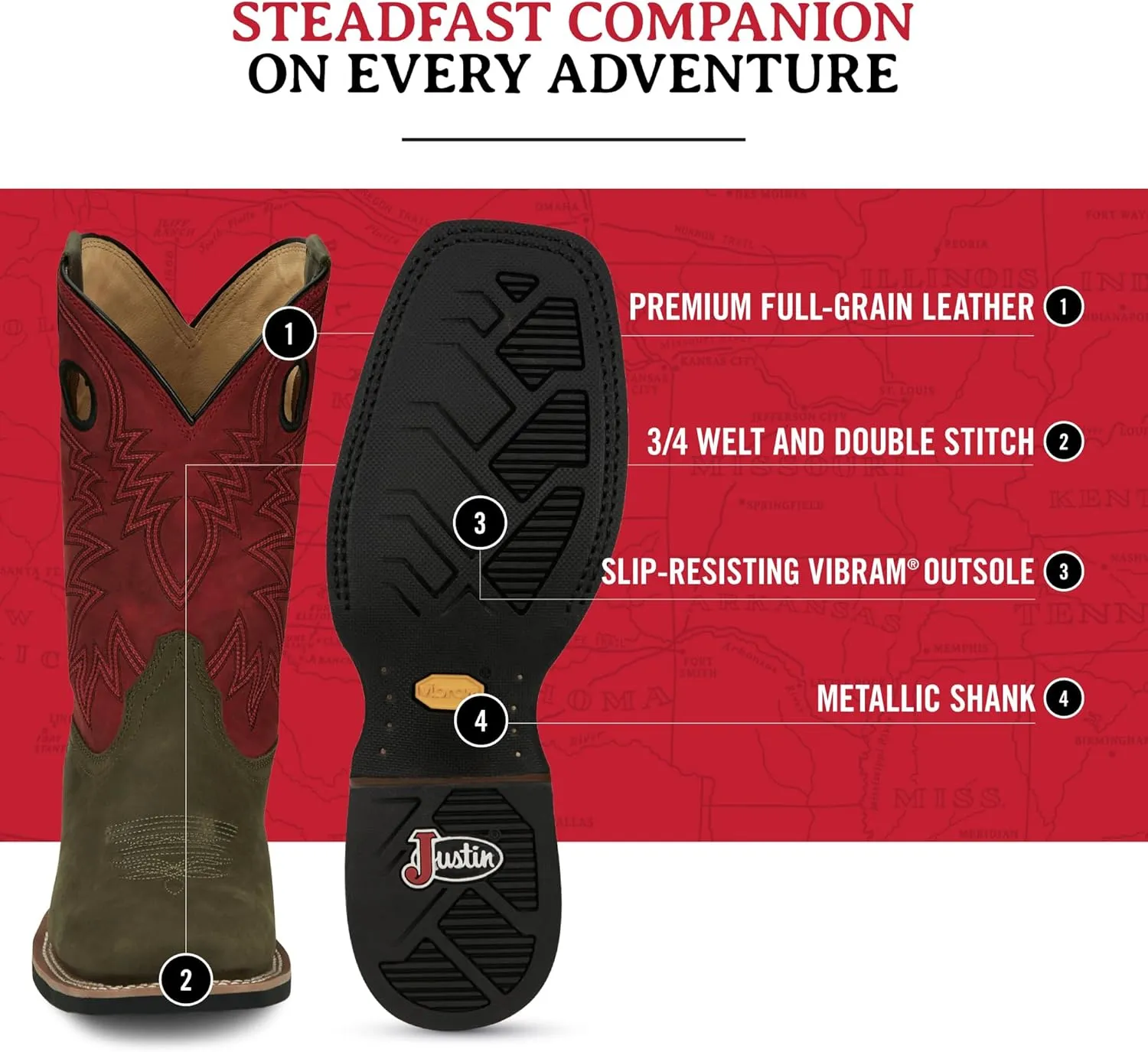 Justin Show Stopper 11” Western Boots for Men - Frontier Collection - Square Toe Leather Men’s Cowboy Boots with Comfort Footbed, Non Slip Outsole