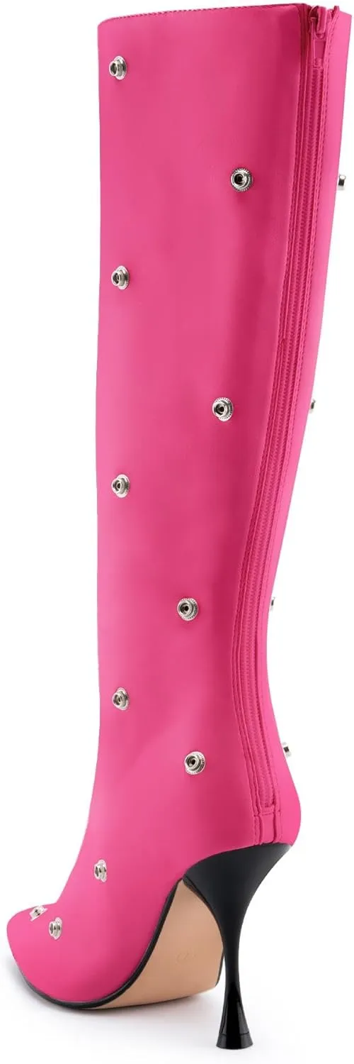 KaroNairy Women Stiletto Knee High Boots Slouch Pointed Toe High Heel Boot Detachable Snap-off Panel Shark Boots