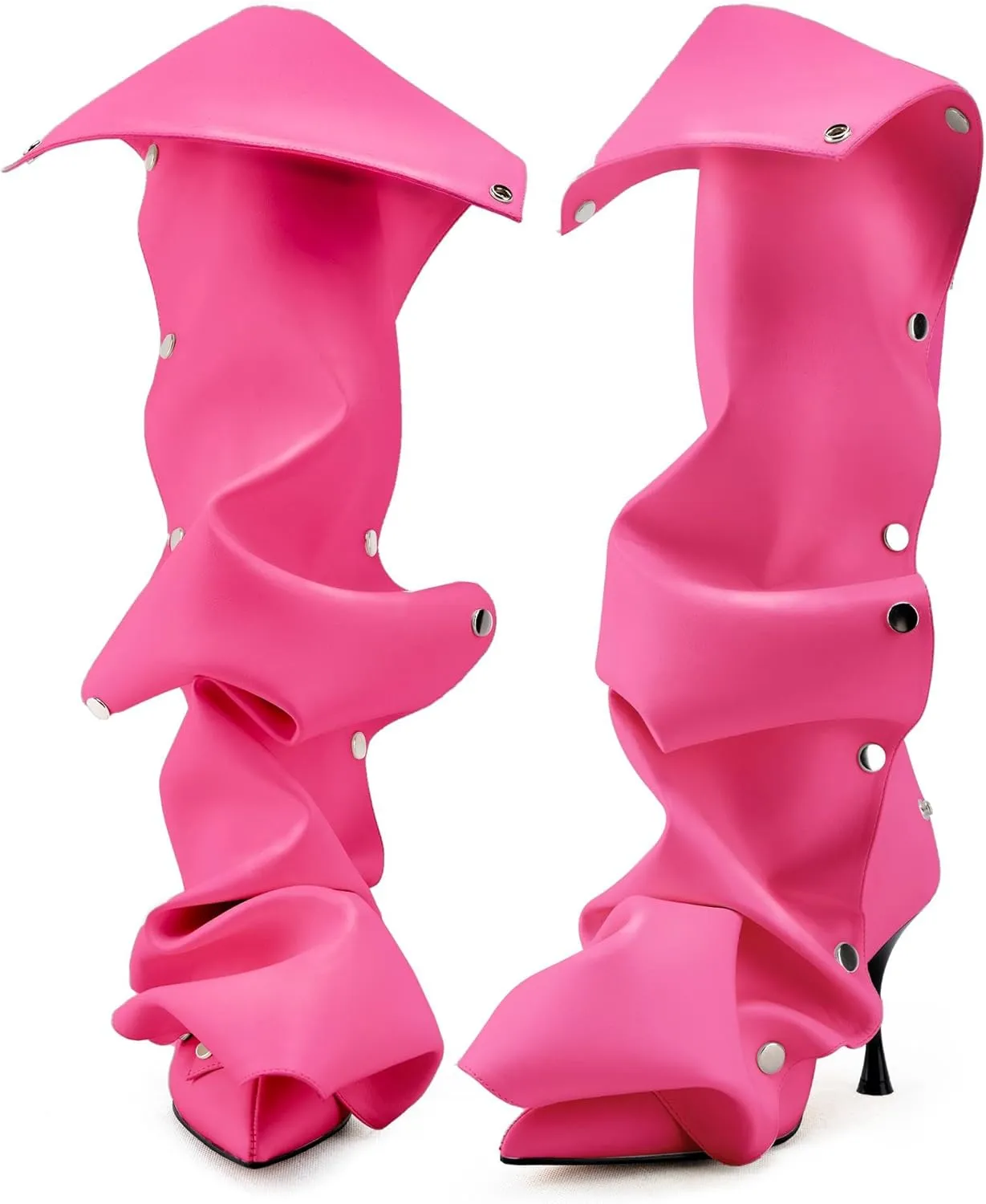 KaroNairy Women Stiletto Knee High Boots Slouch Pointed Toe High Heel Boot Detachable Snap-off Panel Shark Boots